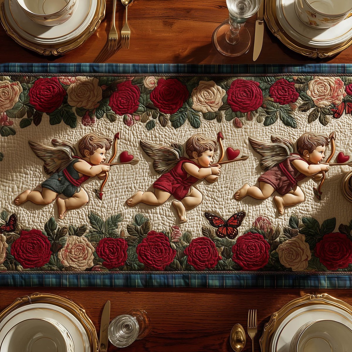 Cupids Above Red Rose Row Table Runner - Made to Order TABLE928
