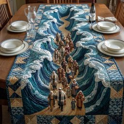 Crowd Walking on Checkered Blue Border Table Runner - Made to Order TABLE928