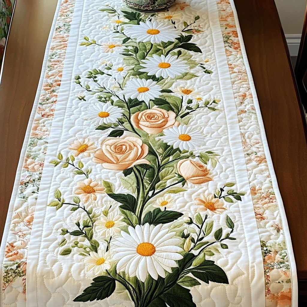 Daisies and Pink Roses on White Table Runner - Made to Order TABLE928