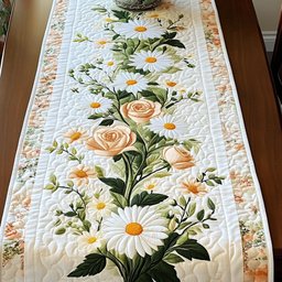 Daisies and Pink Roses on White Table Runner - Made to Order TABLE928
