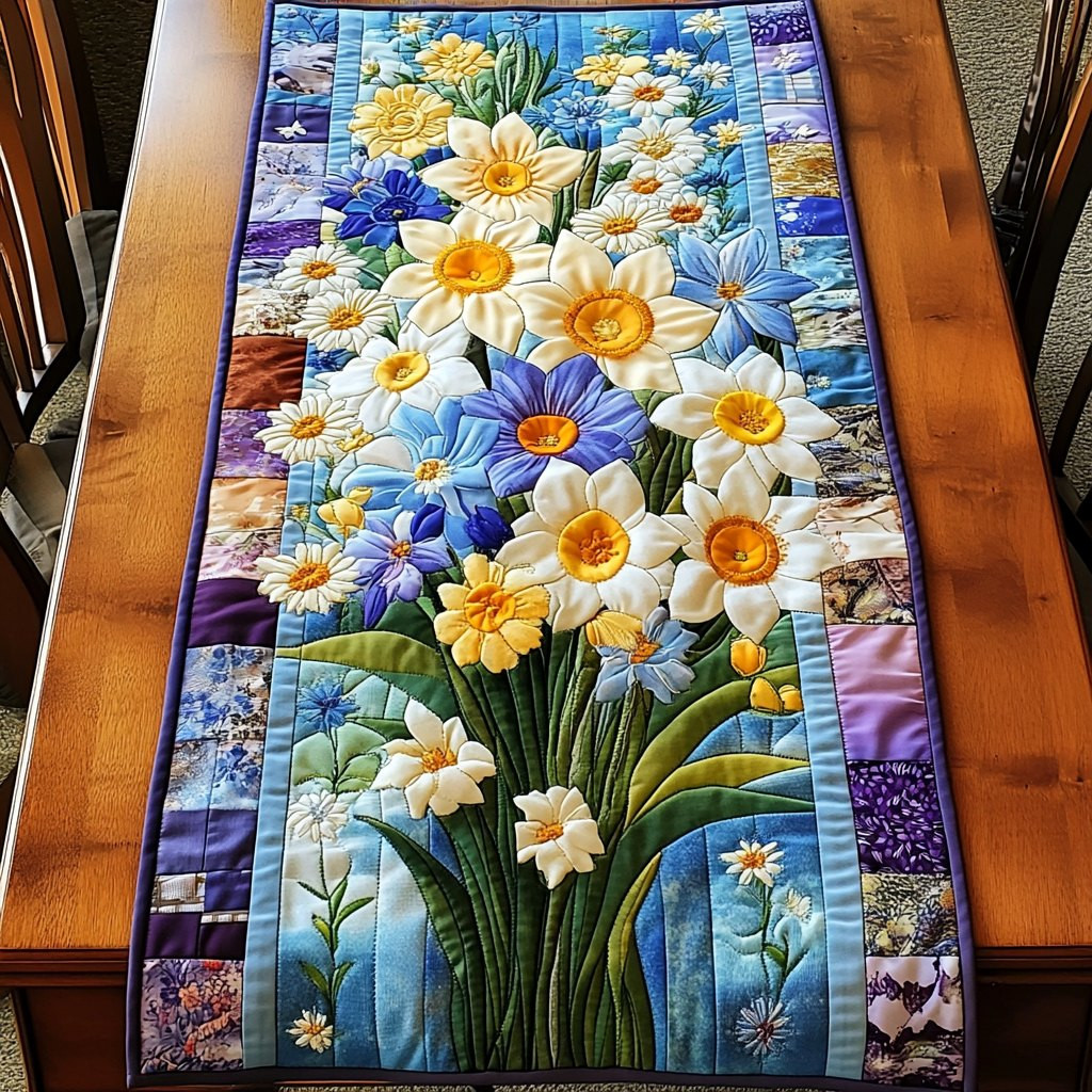 Daffodils on Blue Panel Table Runner - Made to Order TABLE928