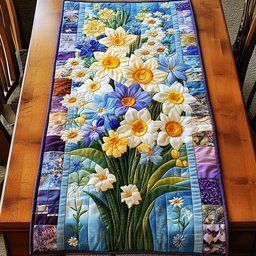 Daffodils on Blue Panel Table Runner - Made to Order TABLE928