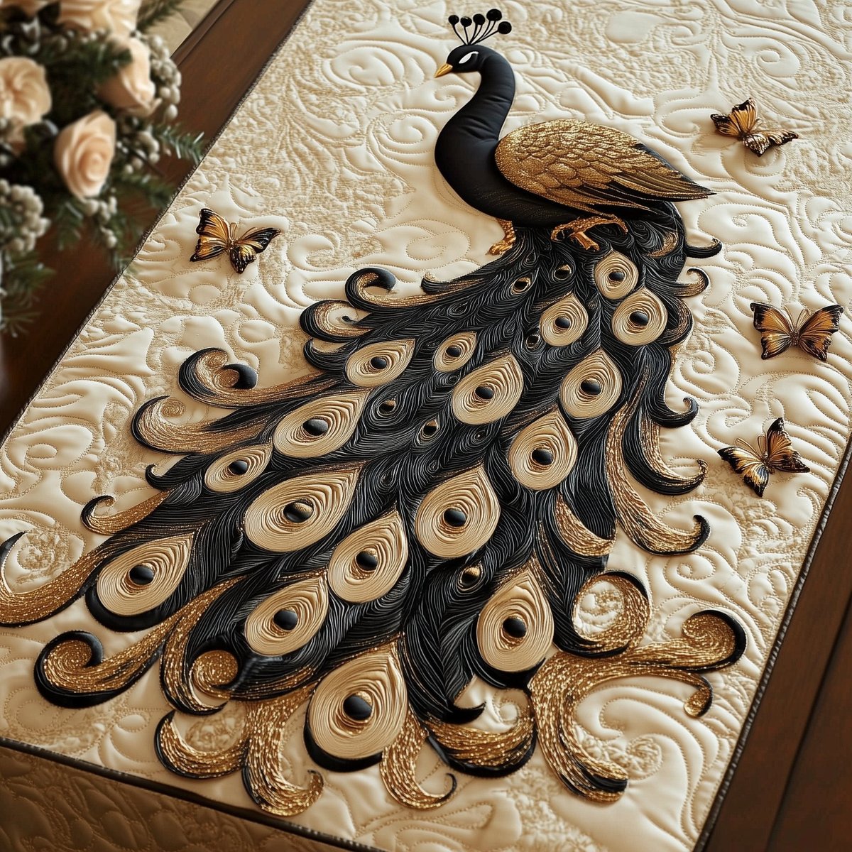 Dark Peacock Feathers Close Up Table Runner - Made to Order TABLE928