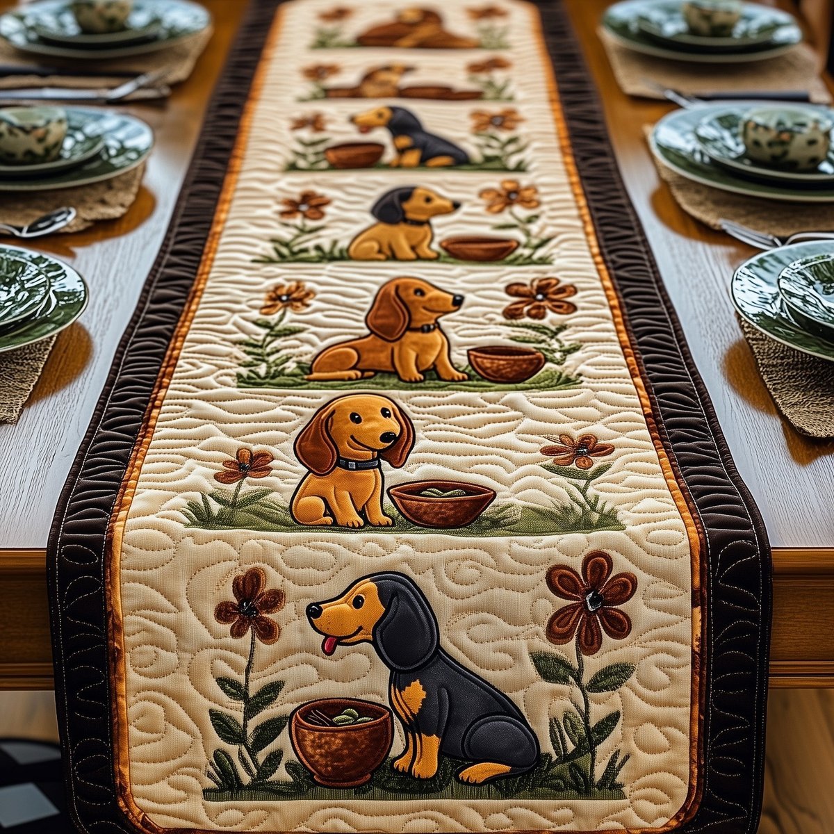 Dachshunds with Garden Flowers Table Runner - Made to Order TABLE928