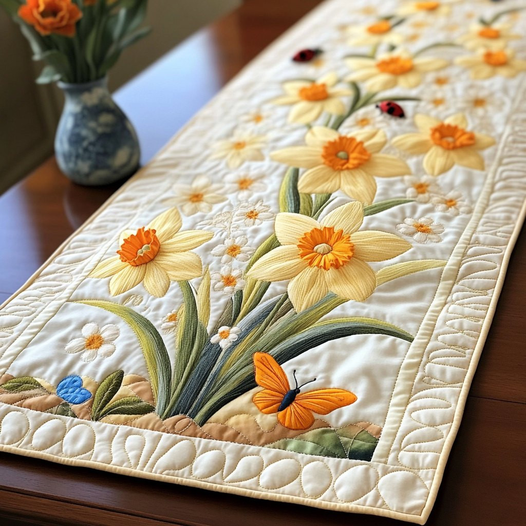 Daffodils with Butterfly on Cream Table Runner - Made to Order TABLE928