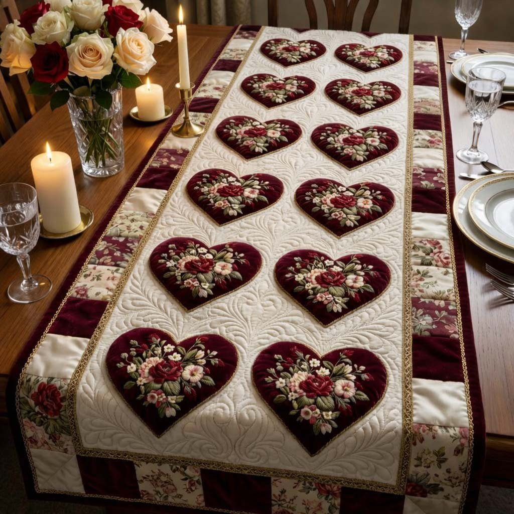 Dark Floral Hearts in Two Rows Table Runner - Made to Order TABLE928