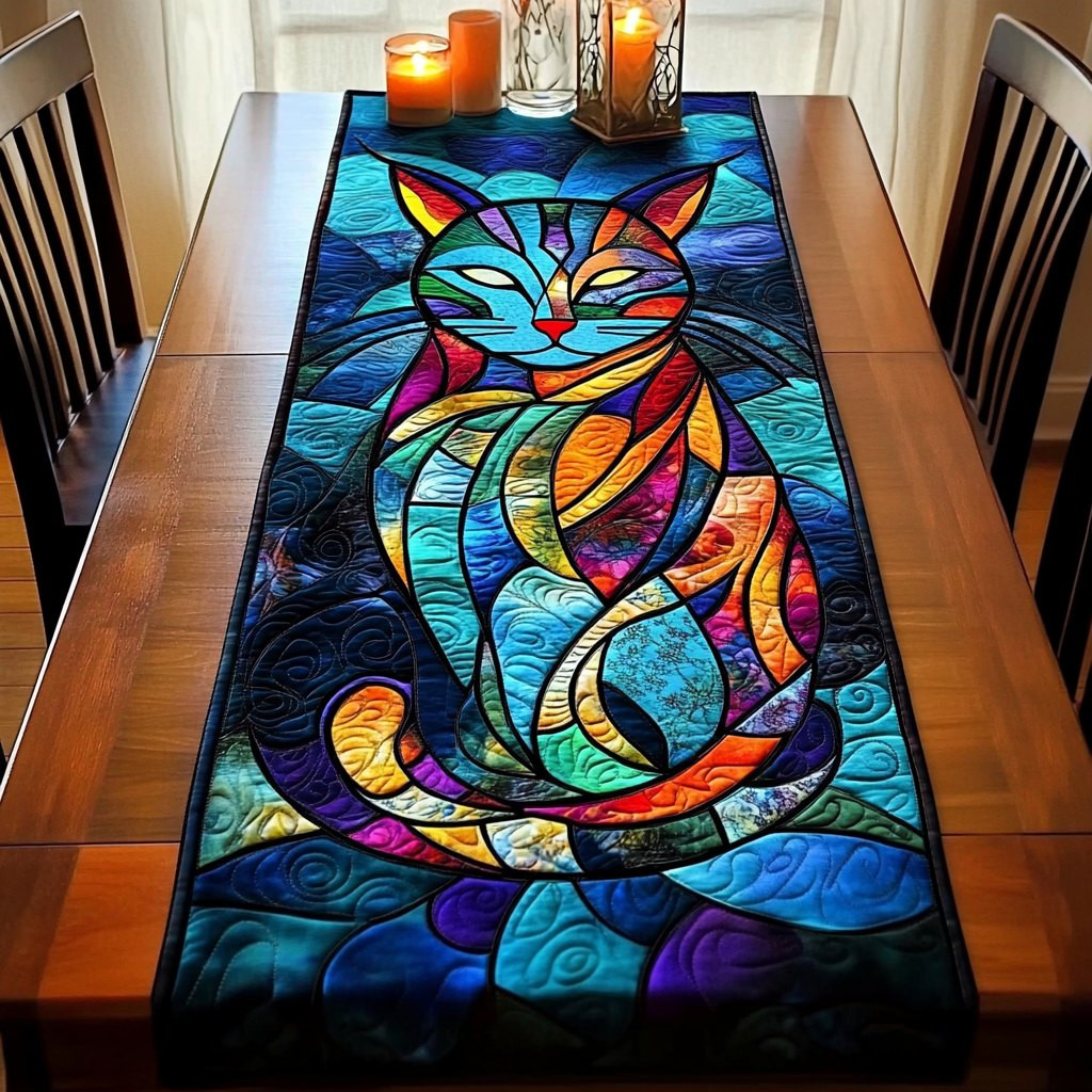 Curled Teal Cat in Stained Glass Table Runner - Made to Order TABLE928