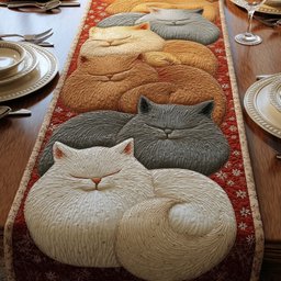 Curled Sleeping Cats on Ivory Table Runner - Made to Order TABLE928