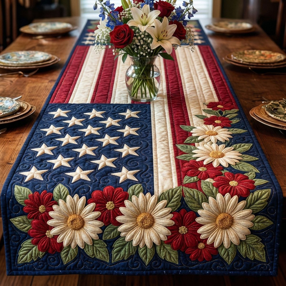 Daisies and Stars on the Flag Table Runner - Made to Order TABLE928