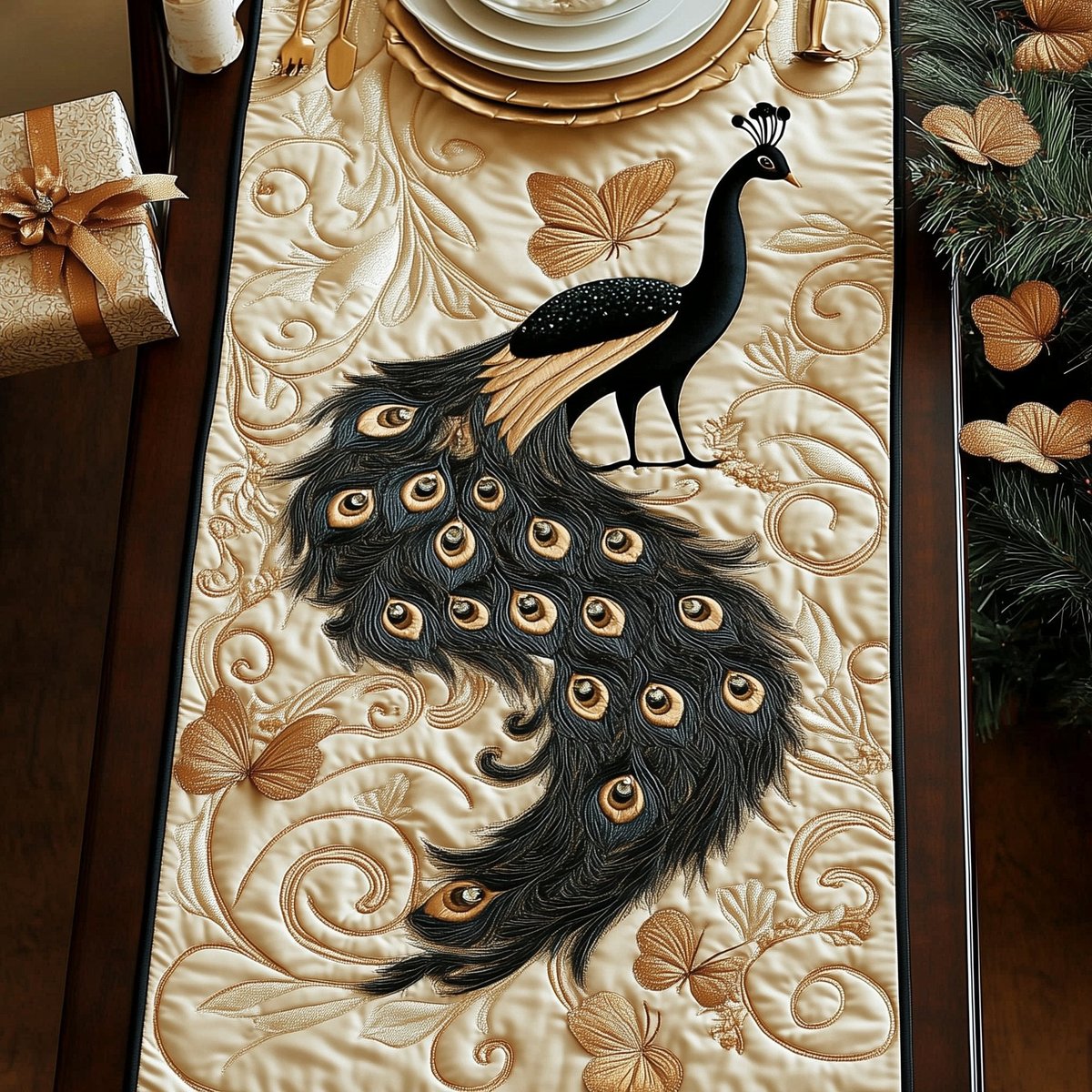 Dark Peacock with Feather Fan Table Runner - Made to Order TABLE928