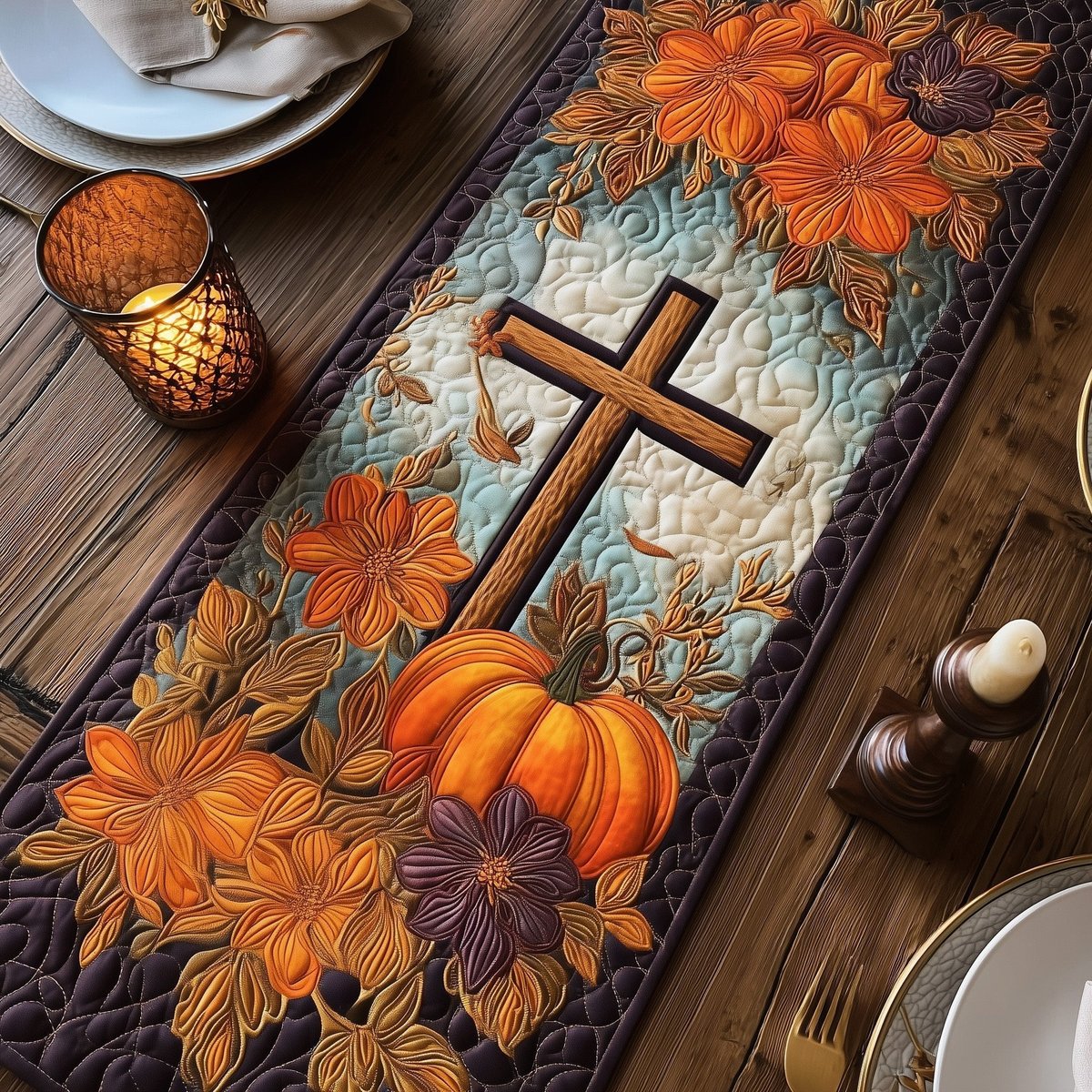 Cross with Pumpkin and Purple Daisies Table Runner - Made to Order TABLE928