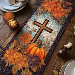 Cross with Pumpkin and Purple Daisies Table Runner - Made to Order TABLE928