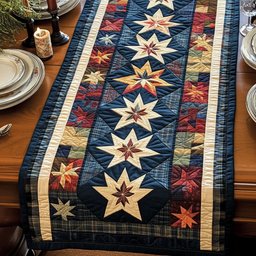 Cream Patchwork Stars on Navy Stripes Table Runner - Made to Order TABLE928