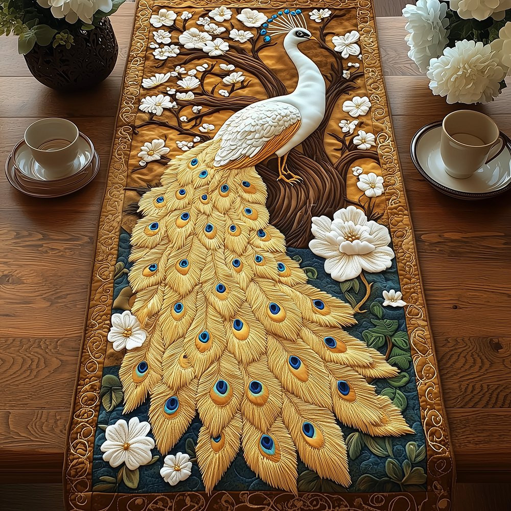 Cream Peacock with White Blossoms Table Runner - Made to Order TABLE928