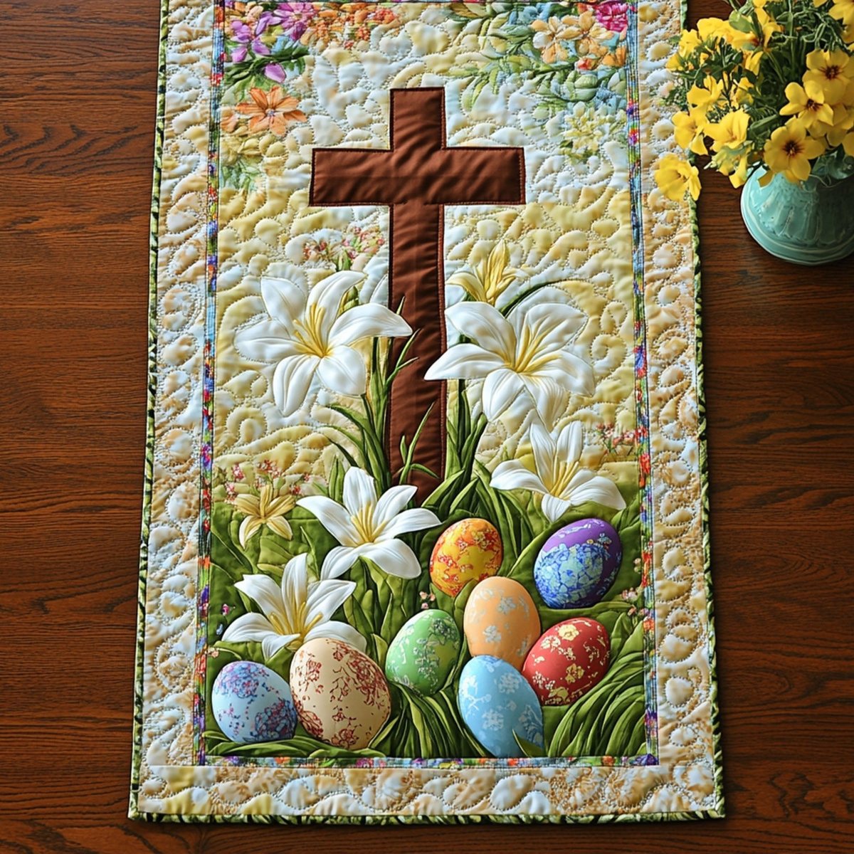 Cross with Lilies and Colored Eggs Table Runner - Made to Order TABLE928