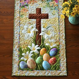 Cross with Lilies and Colored Eggs Table Runner - Made to Order TABLE928