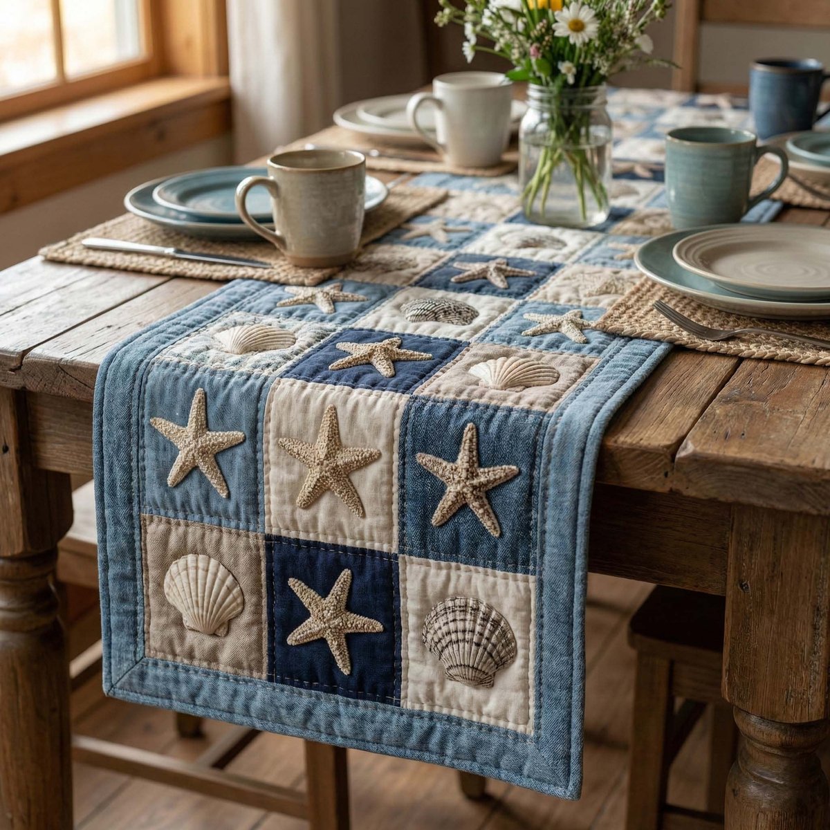 Cream Shells on Blue Checkerboard Table Runner - Made to Order TABLE928