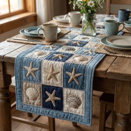 Cream Shells on Blue Checkerboard Table Runner - Made to Order TABLE928