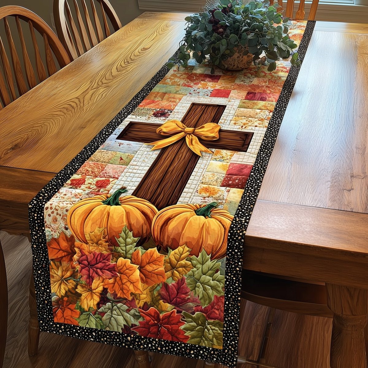 Cross with Bow on Black Dotted Border Table Runner - Made to Order TABLE928