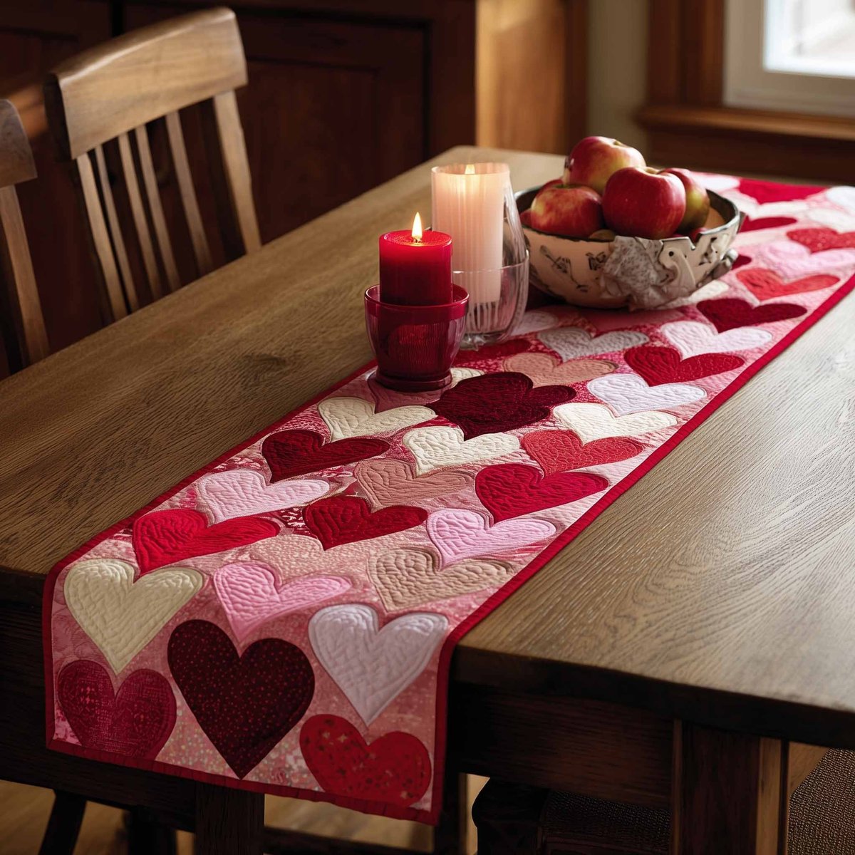 Crimson Hearts on Pink Squares Table Runner - Made to Order TABLE928