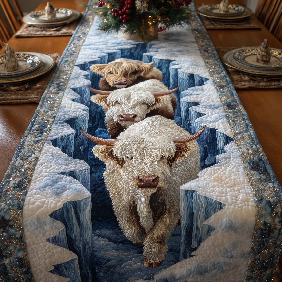 Cream Highland Cow on Blue Quilt Table Runner - Made to Order TABLE928