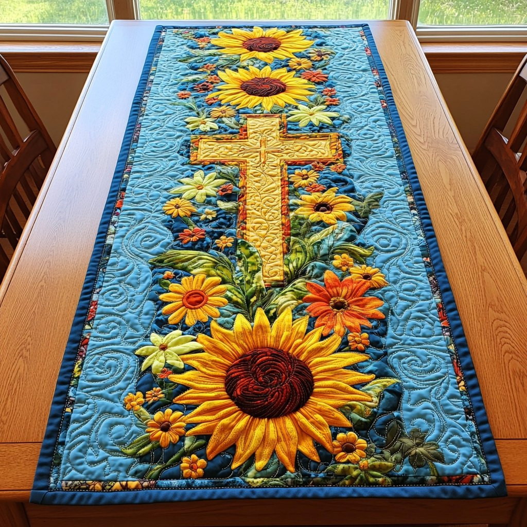 Cross with Sunflowers on Blue Table Runner - Made to Order TABLE928