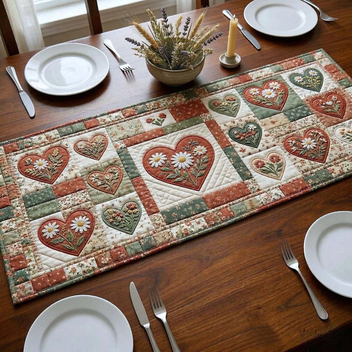 Cream Hearts with Rose Sprigs Table Runner - Made to Order TABLE928