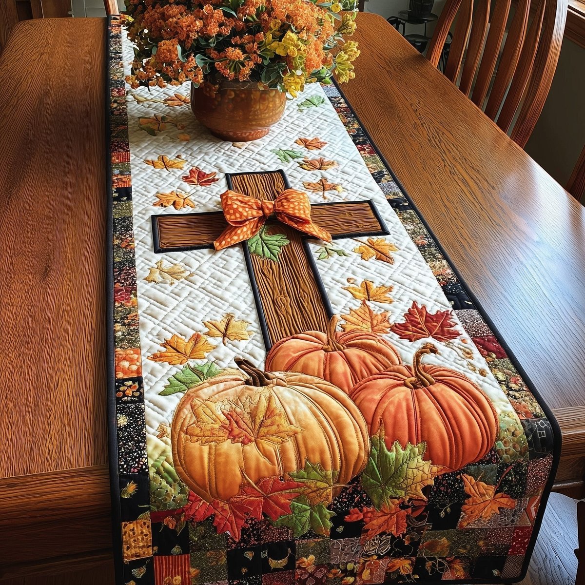 Cross with Ribbon Over Golden Pumpkins Table Runner - Made to Order TABLE928