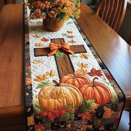 Cross with Ribbon Over Golden Pumpkins Table Runner - Made to Order TABLE928