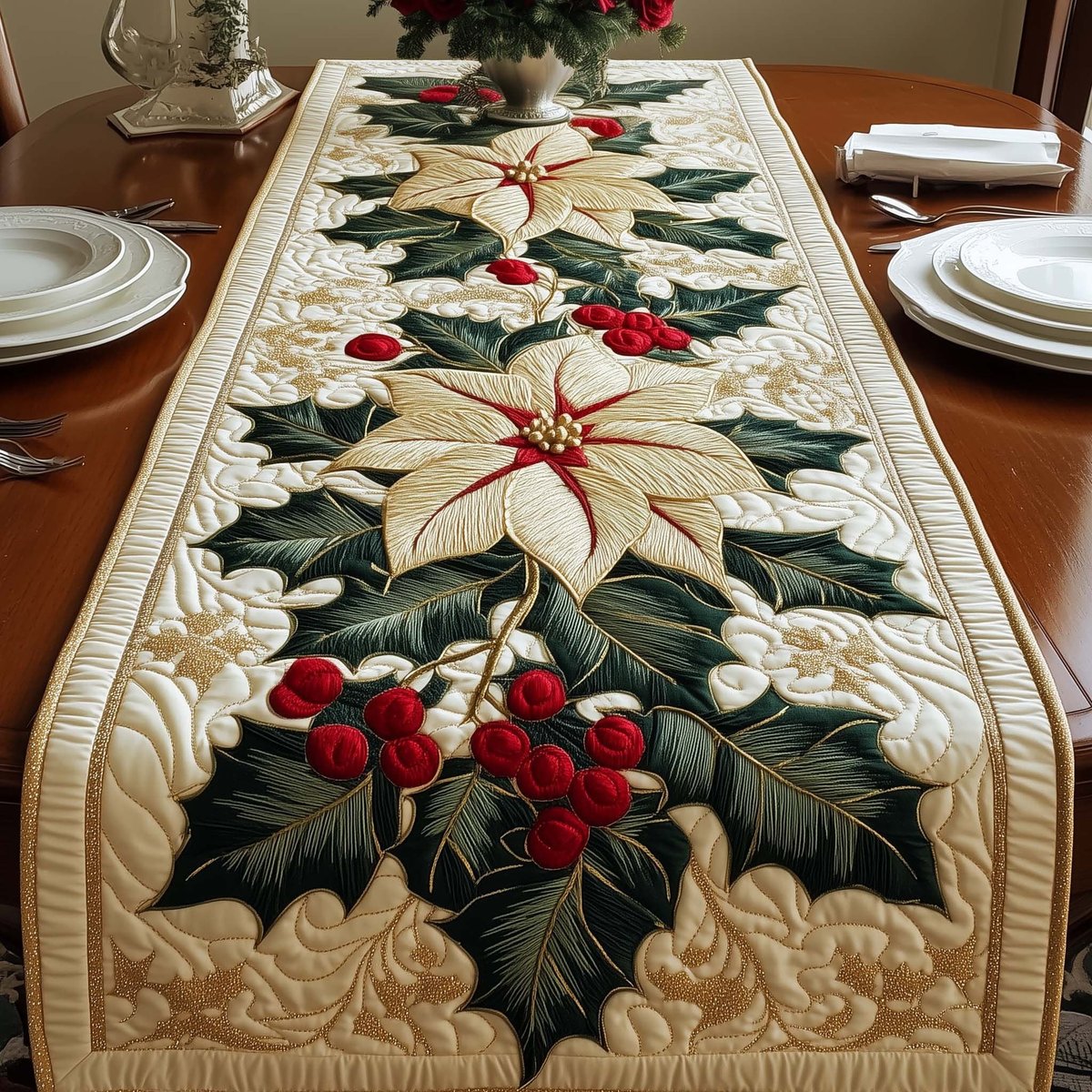 Cream Poinsettia with Holly Berries Table Runner - Made to Order TABLE928