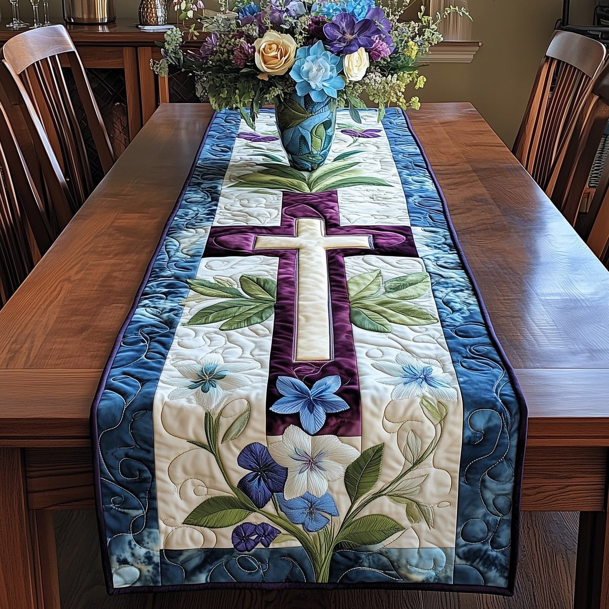 Cross with Violets on Cream Table Runner - Made to Order TABLE928