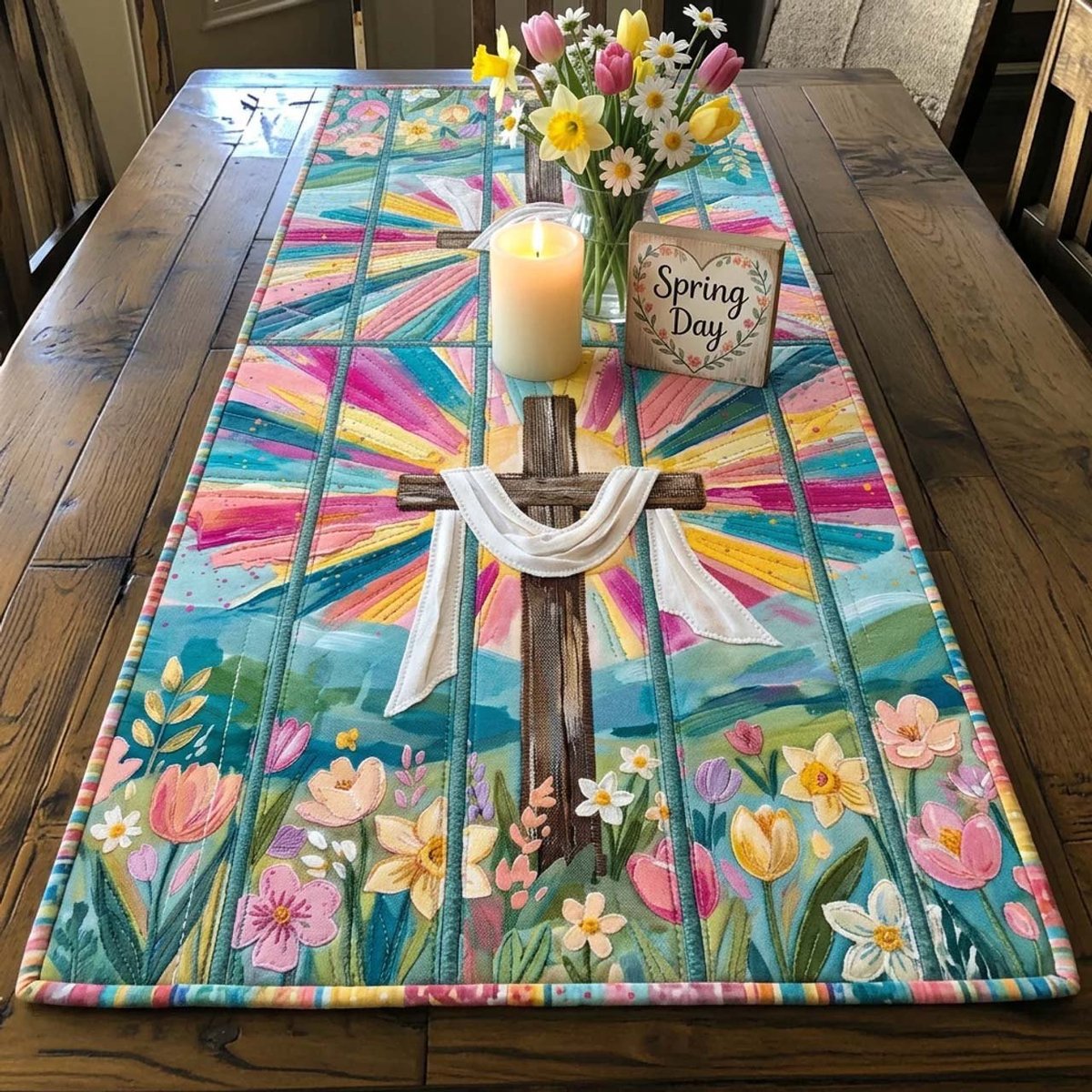 Cross with White Cloth and Spring Flowers Table Runner - Made to Order TABLE928