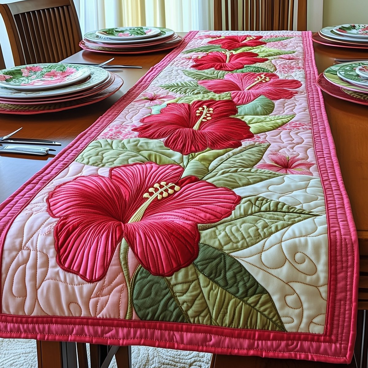 Crimson Hibiscus with Pink Border Table Runner - Made to Order TABLE928
