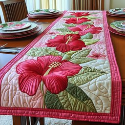 Crimson Hibiscus with Pink Border Table Runner - Made to Order TABLE928