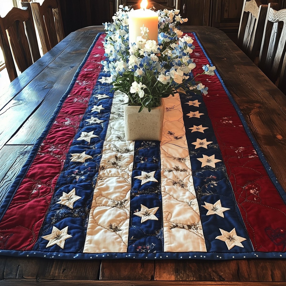 Cream Stars on Navy Bands Table Runner - Made to Order TABLE928
