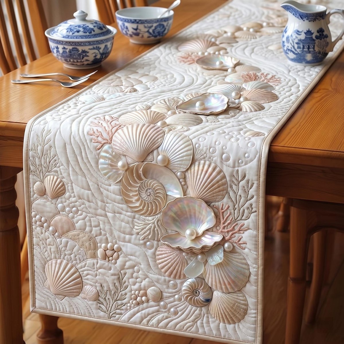 Cream Shells and Pearls on White Table Runner - Made to Order TABLE928