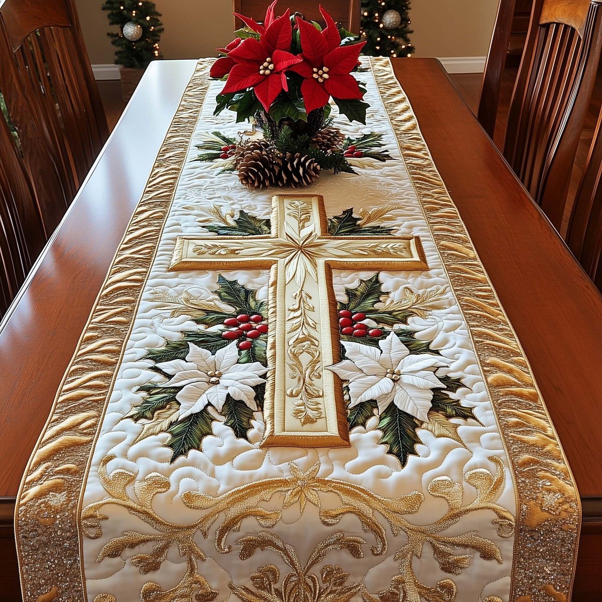 Cross with Poinsettias on Cream Table Runner - Made to Order TABLE928