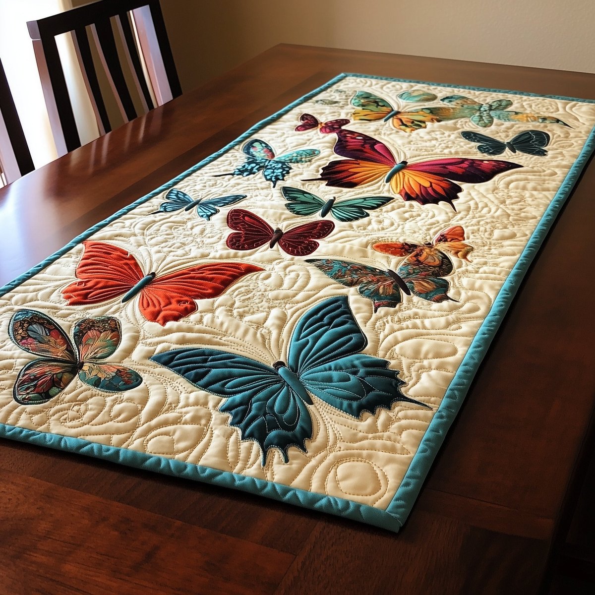Crimson and Blue Butterflies on Ivory Table Runner - Made to Order TABLE928