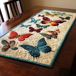 Crimson and Blue Butterflies on Ivory Table Runner - Made to Order TABLE928