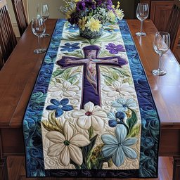 Cross with White and Blue Flowers Table Runner - Made to Order TABLE928