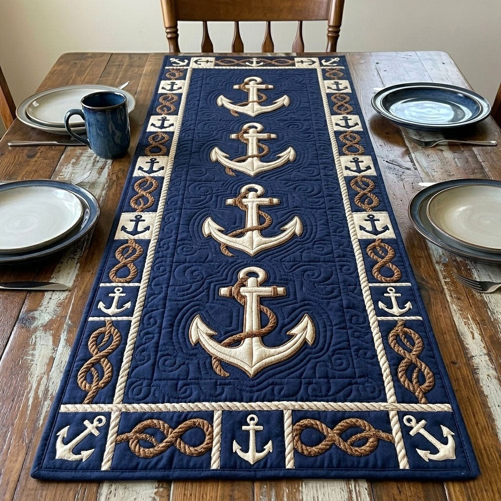 Cream Anchors on Navy Panel Table Runner - Made to Order TABLE928