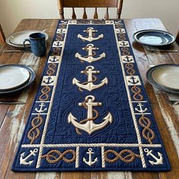 Cream Anchors on Navy Panel Table Runner - Made to Order TABLE928