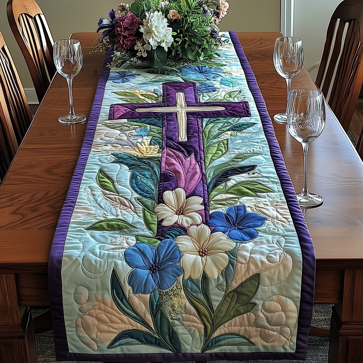 Cross with Blue Flowers and Purple Border Table Runner - Made to Order TABLE928