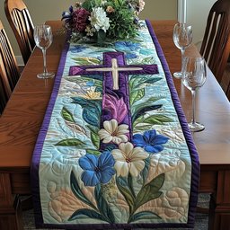 Cross with Blue Flowers and Purple Border Table Runner - Made to Order TABLE928