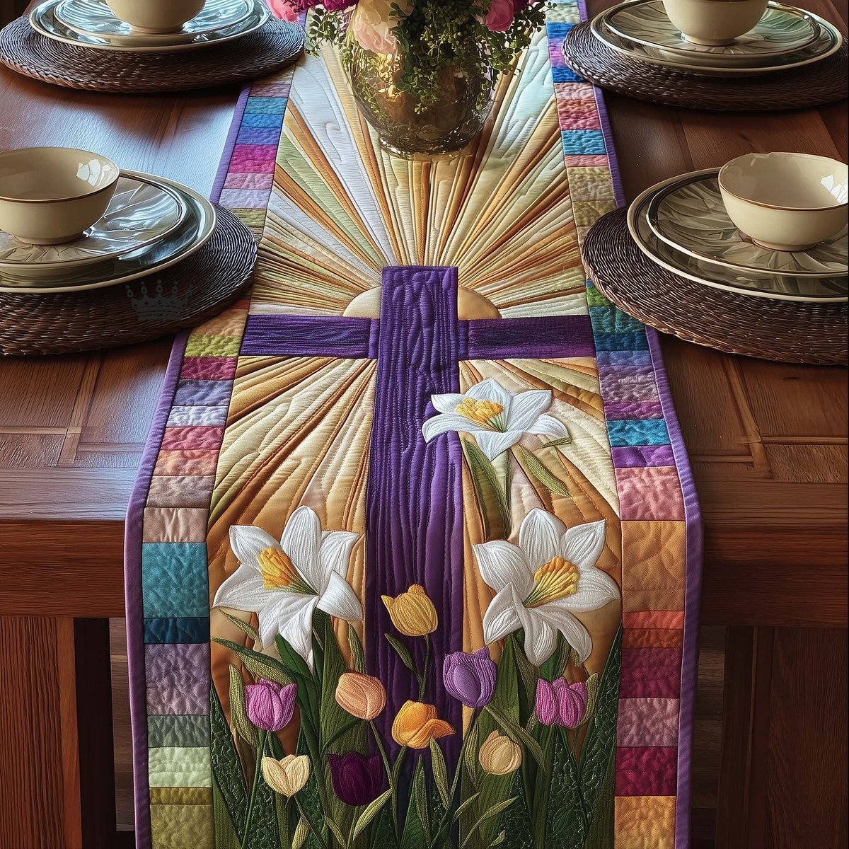 Cross with White Lilies and Tulips Table Runner - Made to Order TABLE928