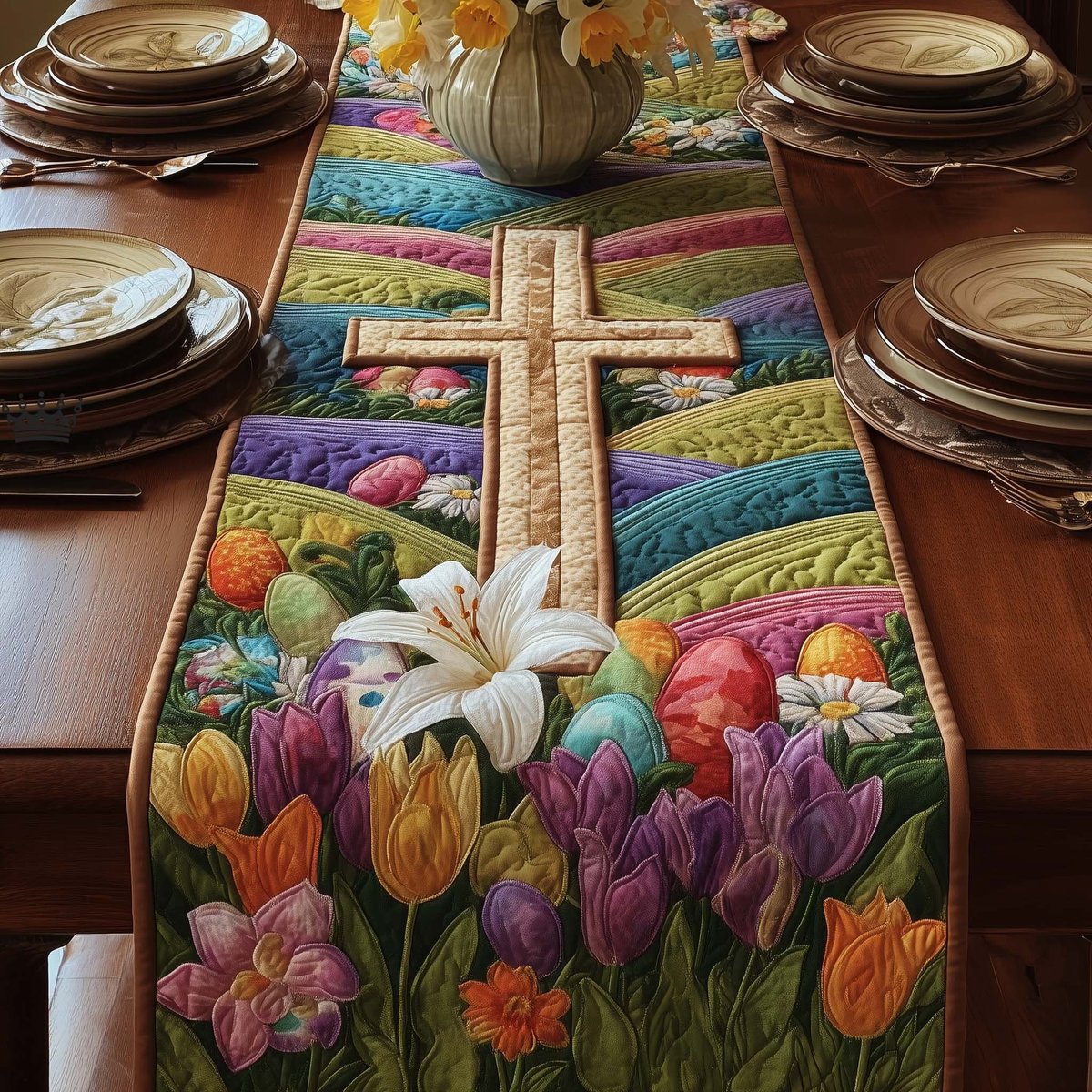 Cross with Easter Eggs and Lilies Table Runner - Made to Order TABLE928
