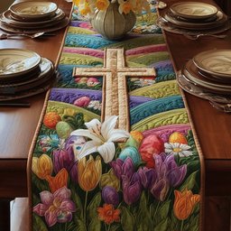 Cross with Easter Eggs and Lilies Table Runner - Made to Order TABLE928