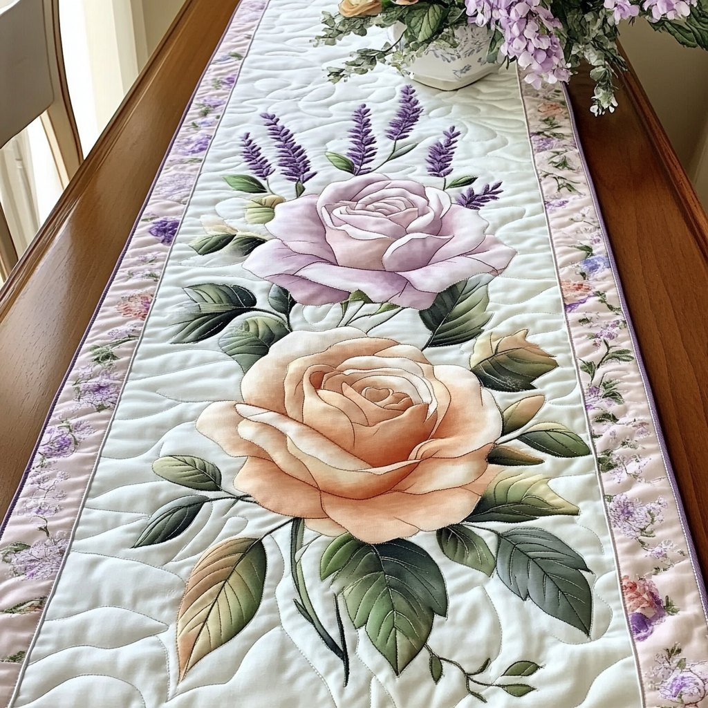 Cream Rose with Lavender Sprigs Table Runner - Made to Order TABLE928
