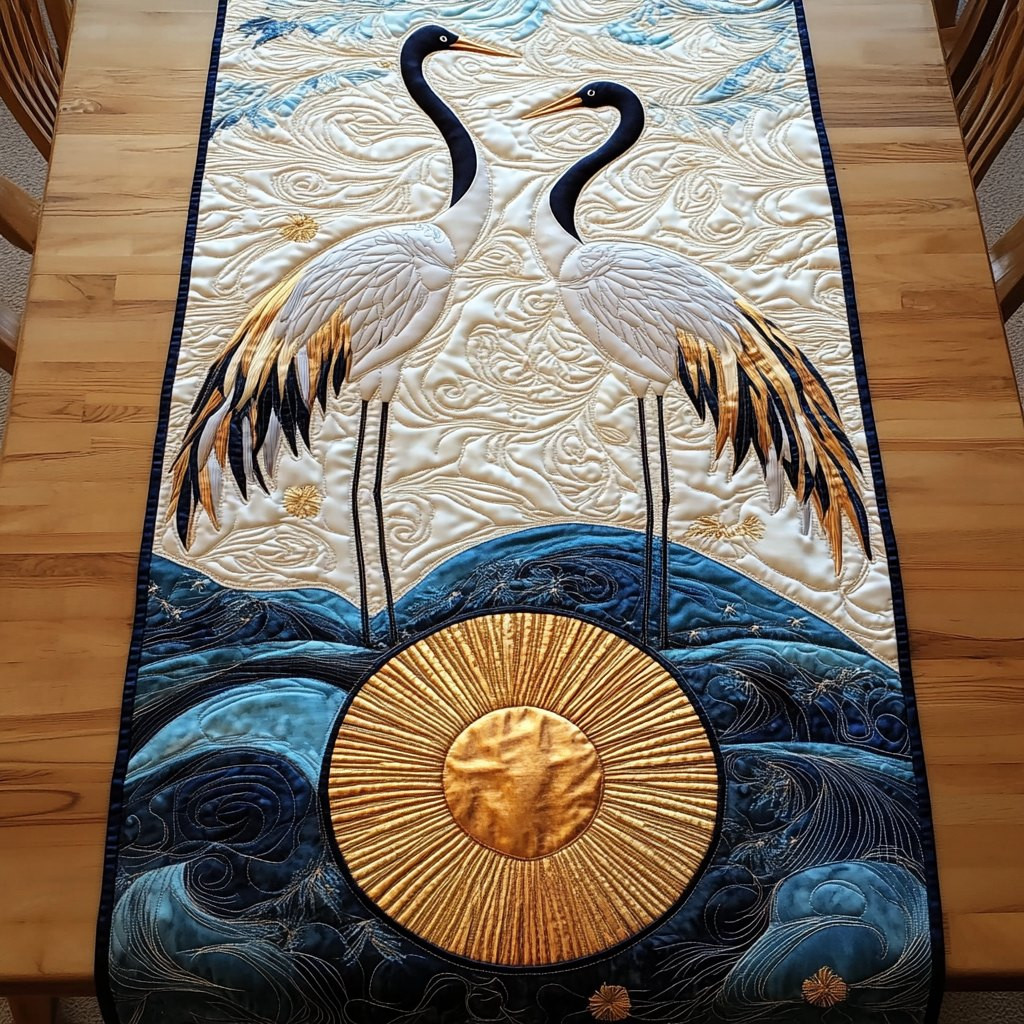 Cranes on Deep Blue with Gold Sun Table Runner - Made to Order TABLE928