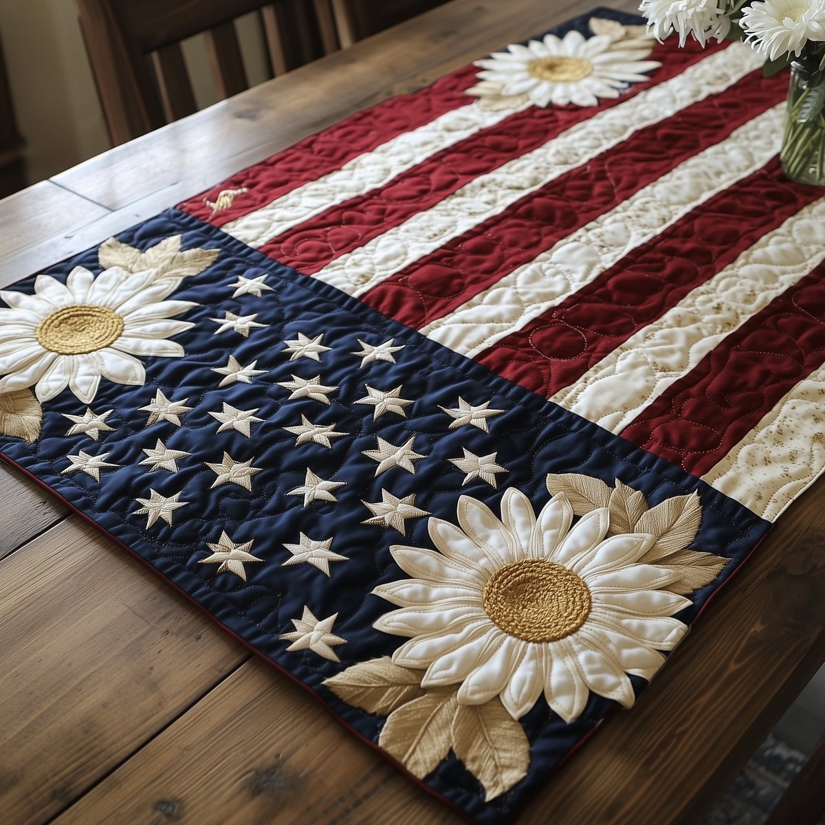 Cream Sunflower on Flag Corner Table Runner - Made to Order TABLE928